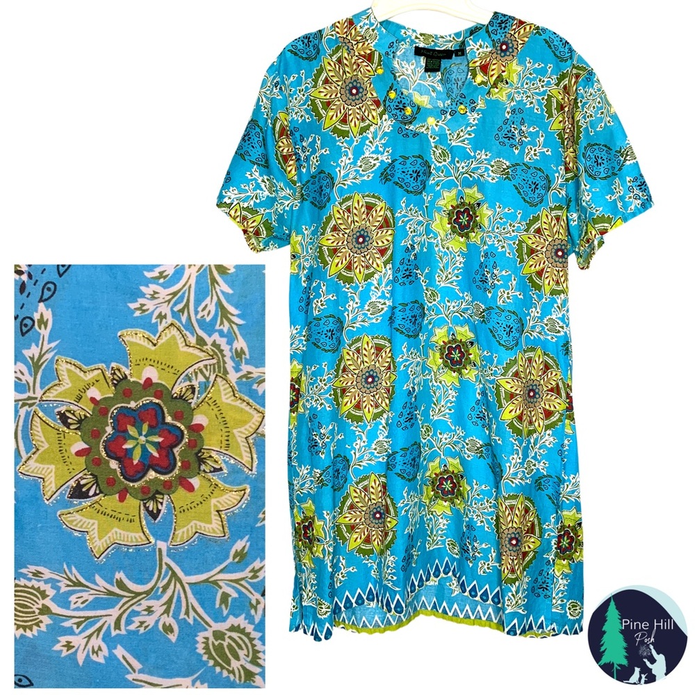 Mint Green Tunic Top Kurta Kurti Medium Blue Floral Gold Embroidered 100% Cotton